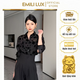 Set áo sơ mi Emili thêu họa tiết nổi phối quần ống suông cạp cao, bộ nữ công sở thanh lịch 