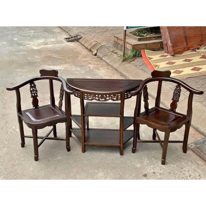 Bộ bàn ghế góc, bàn bán Nguyệt hoa mai bộ bàn trà tròn trang trí nhà của gỗ hương
