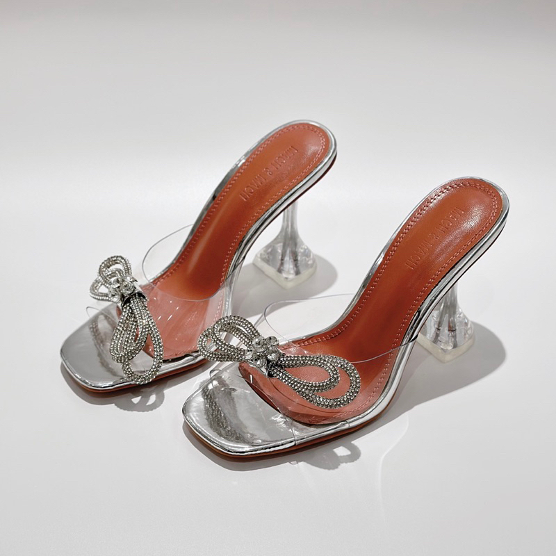 Dép guốc nơ đá quai ngang gót loe mũi tròn MM