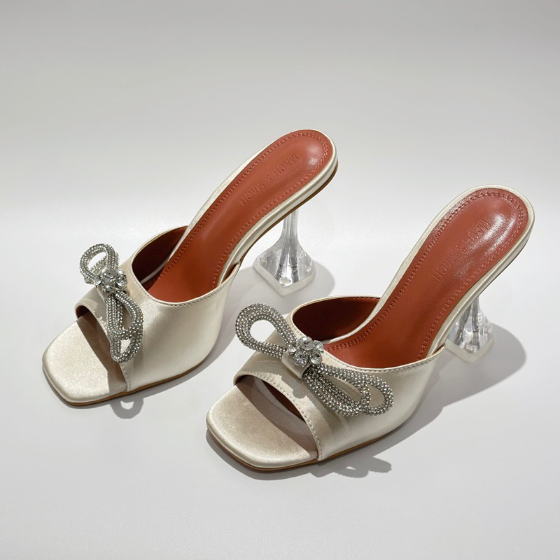 Dép guốc nơ đá quai ngang gót loe mũi tròn MM