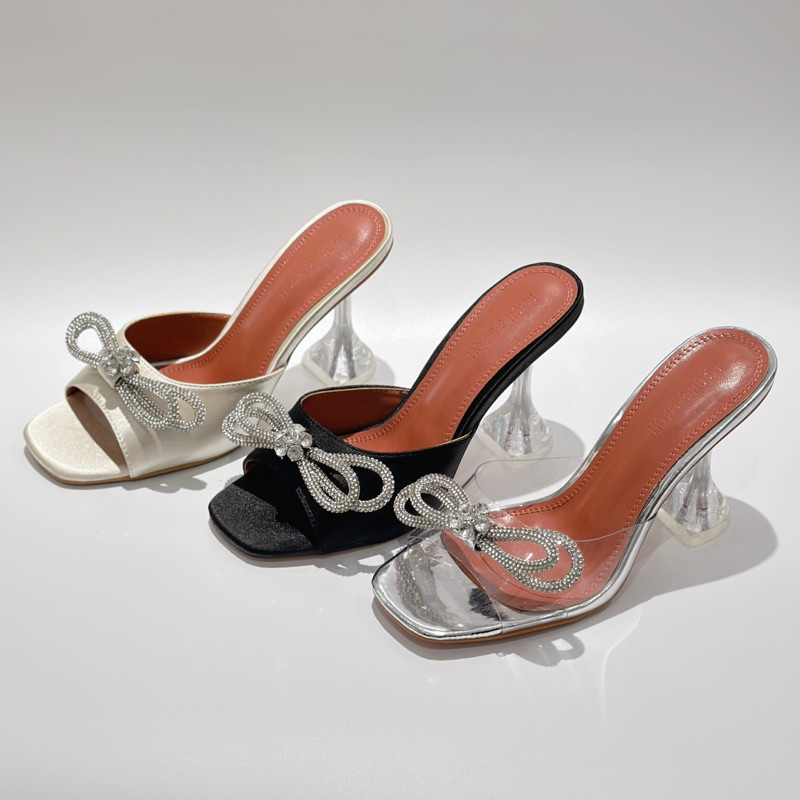 Dép guốc nơ đá quai ngang gót loe mũi tròn MM