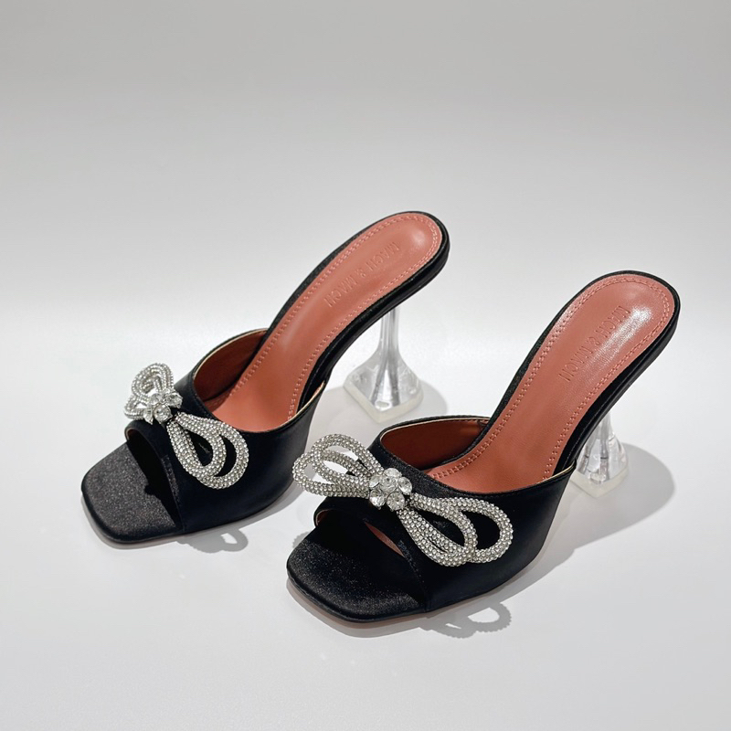 Dép guốc nơ đá quai ngang gót loe mũi tròn MM