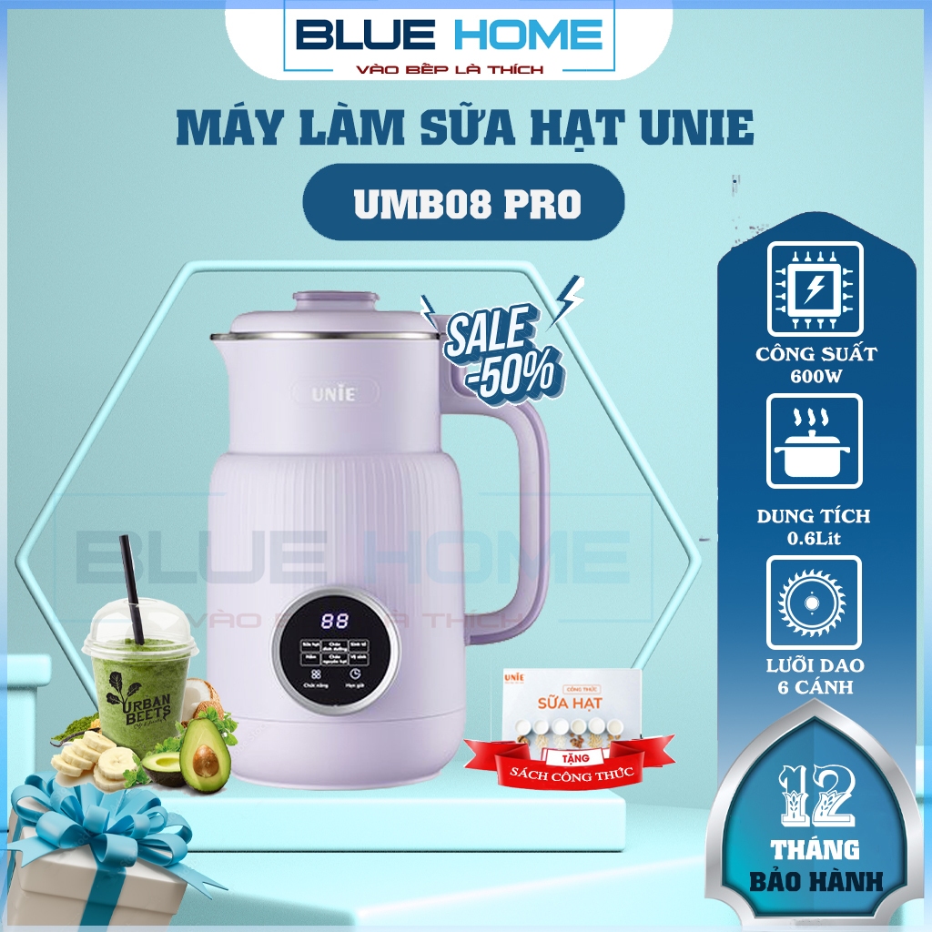 Máy Làm Sữa Hạt UNIE UMB08 Pro, Nắp Inox Chống Trào, 600W - 0.6Lit, Hàng Chính Hãng