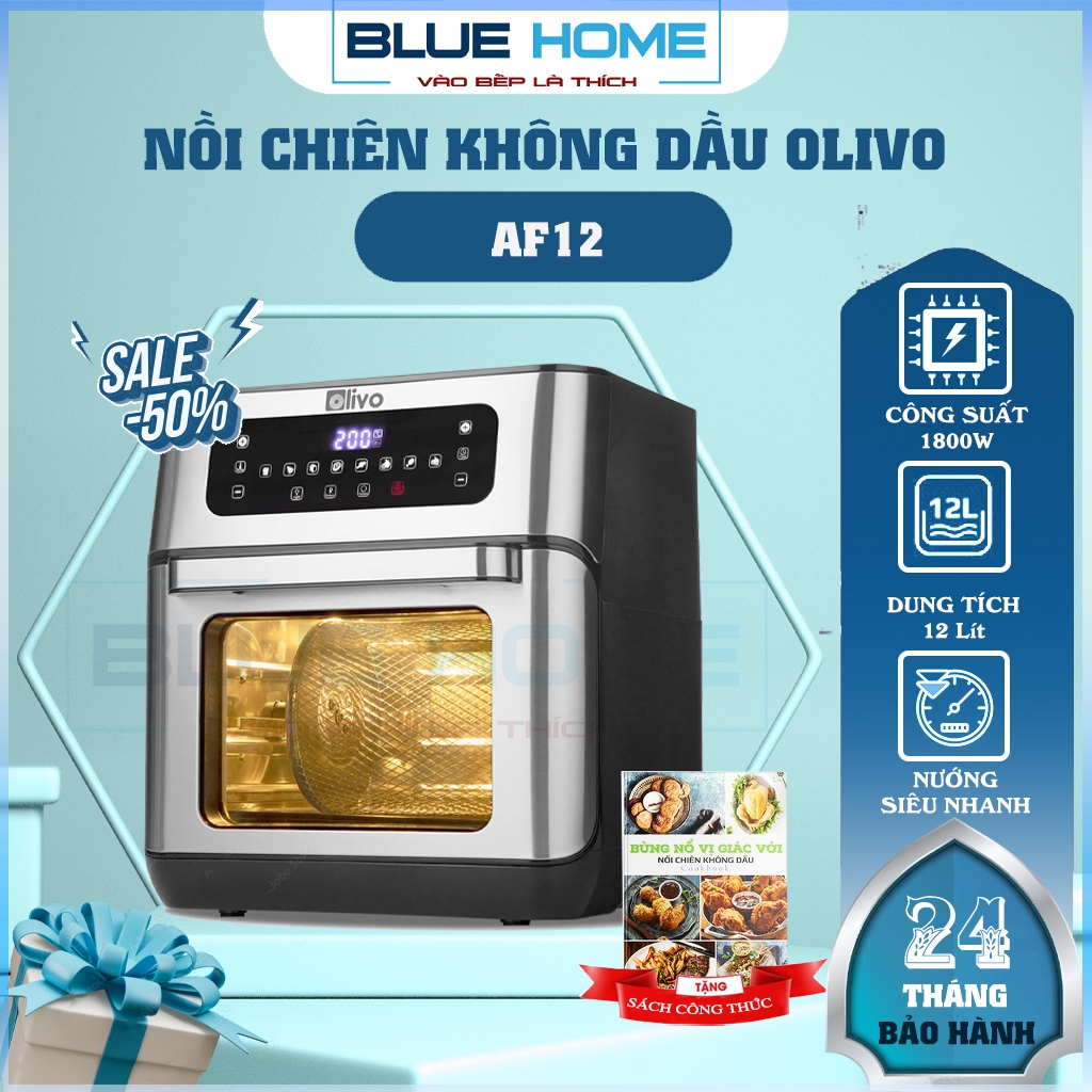 Nồi Chiên Không Dầu OLIVO AF12, 1800w-12Lit, Lồng Xiên Quay Khi Nướng, Hàng Chính Hãng