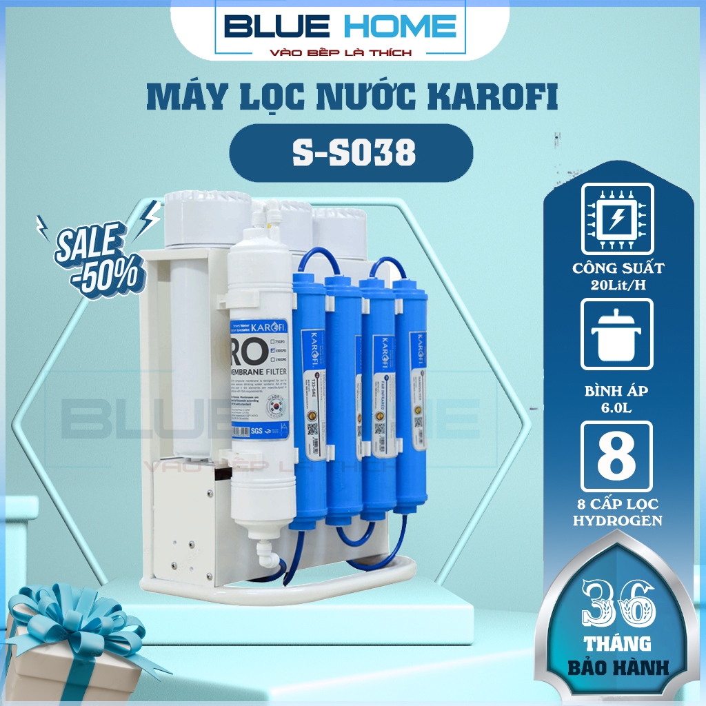 Máy Lọc Nước Để Gầm KAROFI SLIM S-S038, 8 Lõi Công Suất Lọc 20L/h, Màng RO 100GPD, Hàng Chính Hãng