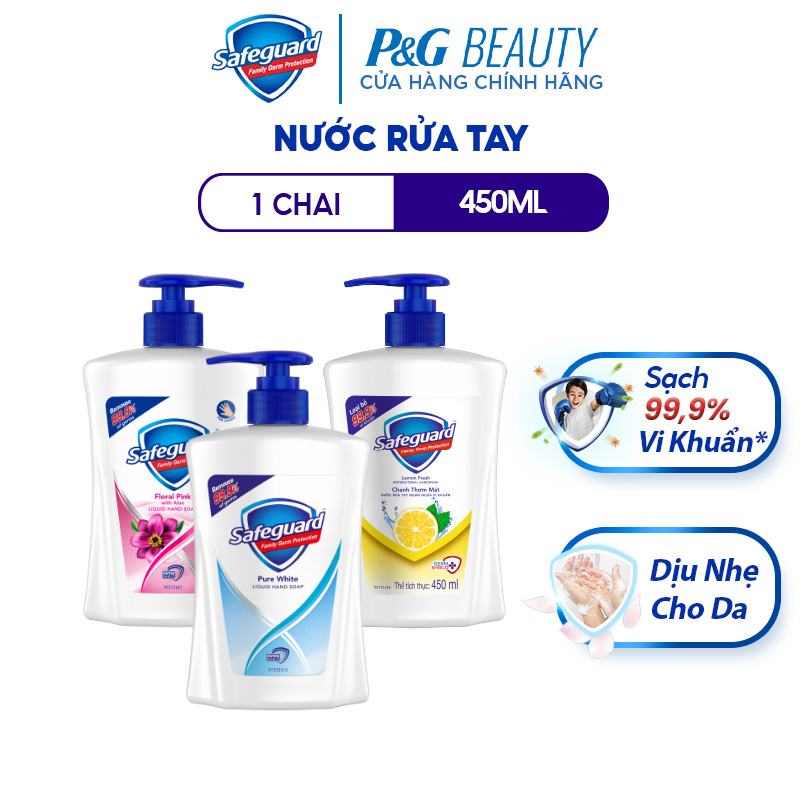 Nước Rửa Tay SAFEGUARD Sạch 99,9% Vi Khuẩn & Dịu Nhẹ Cho Da Chai 450ml Trắng Tinh Khiết/Hoa Hồng Lô Hội/Chanh Tươi Mát