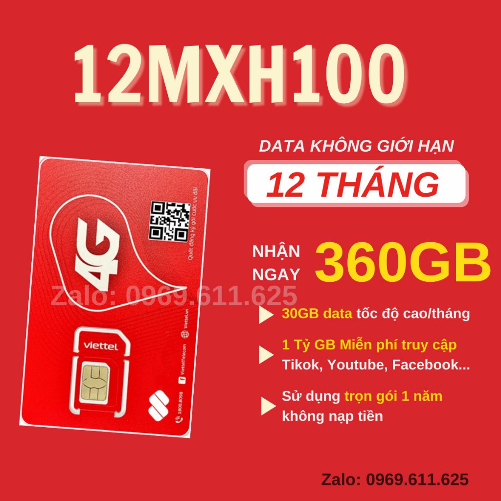 Sim MAX BĂNG THÔNG 4G Viettel 12V120N 12V90B 12MXH100 6MXH100 12SD125 Trọn Gói 1 Năm Dùng Mạng Miễn Phí