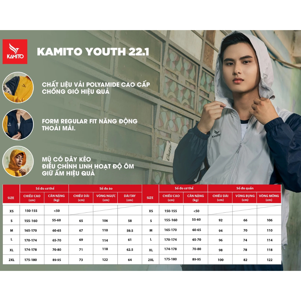 Bộ quần áo gió thể thao nam nữ Kamito Youth 22.1, 2 lớp dày dặn, khóa kéo mượt, form tôn dáng, chính hãng