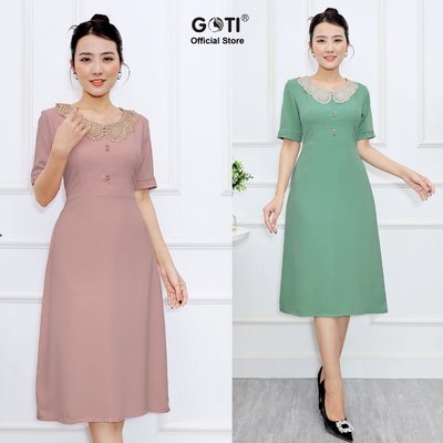 GOTI - SALE OFF - Đầm Xòe Dự Tiệc Trung Niên Nữ Kiểu Đầm Lụa Xoè Nhẹ Phối Cổ Sen Ren Quà Cho Mẹ 3394