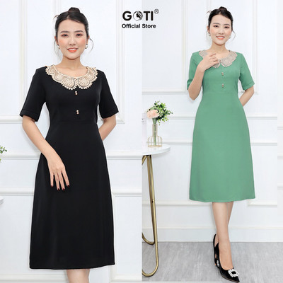 GOTI – SALE OFF Đầm Trung Niên – Đầm Xoè Cổ Ren Phối Tay Ngắn Vải Lụa Mềm Mịn Bigsize 46-73kg 3394