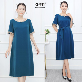 GOTI - Thời Trang Quý Bà Dự Tiệc – Đầm Suông Lụa Phối Ren Cổ Và Tay Sang TrọngTặng Mẹ U50 U60 3395
