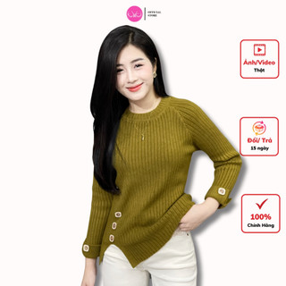 Áo len tăm nữ xẻ vạt đính 3 cúc  cổ tròn 2 tay đính 2 cúc Evalover