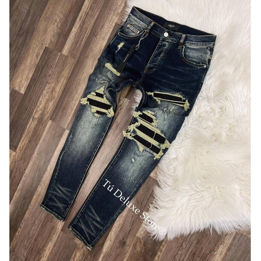 Quần Jean Nam Xanh Vá Da Nhăn Bản Chuẩn 4 Khuy - Quần bò nam dáng ống côn slimfit 4 cúc xanh sẫm loang tua vàng