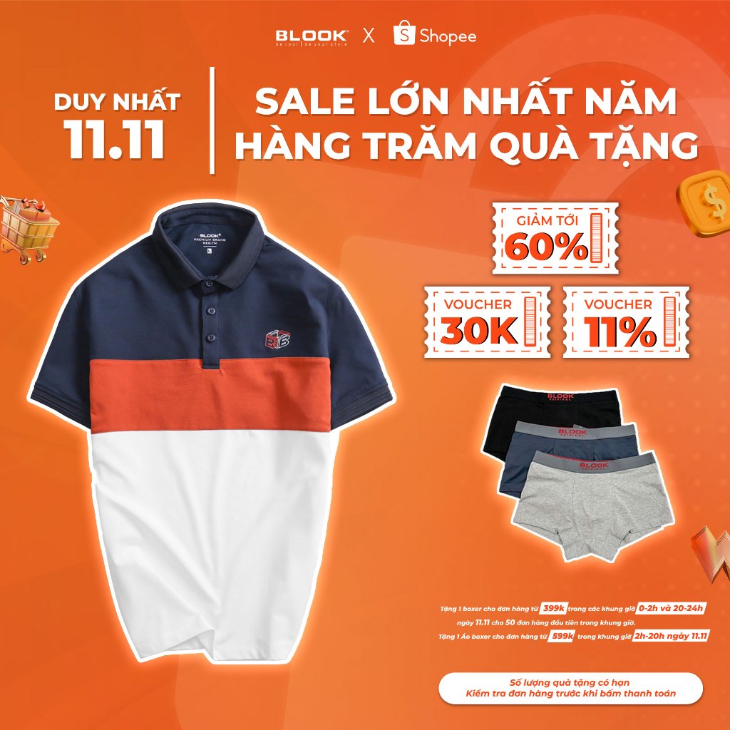 Áo Polo nam cổ bẻ phối ngang BLOOK Vải thun cá sấu sang trọng co giãn thoáng mát mã 35555