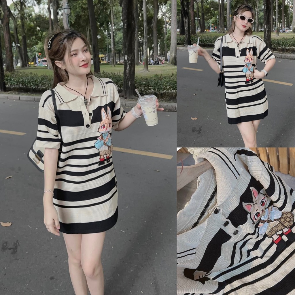Áo len cổ polo kẻ sọc thêu hình thỏ áo polo len freesize form rộng bigsize Kim Ngân Bigsize từ 50kg đến 100kg M/L/XL/XXL