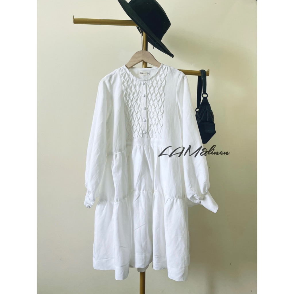 Đầm Babydoll ngắn xoè, tay phồng nút bọc, Linen cao cấp