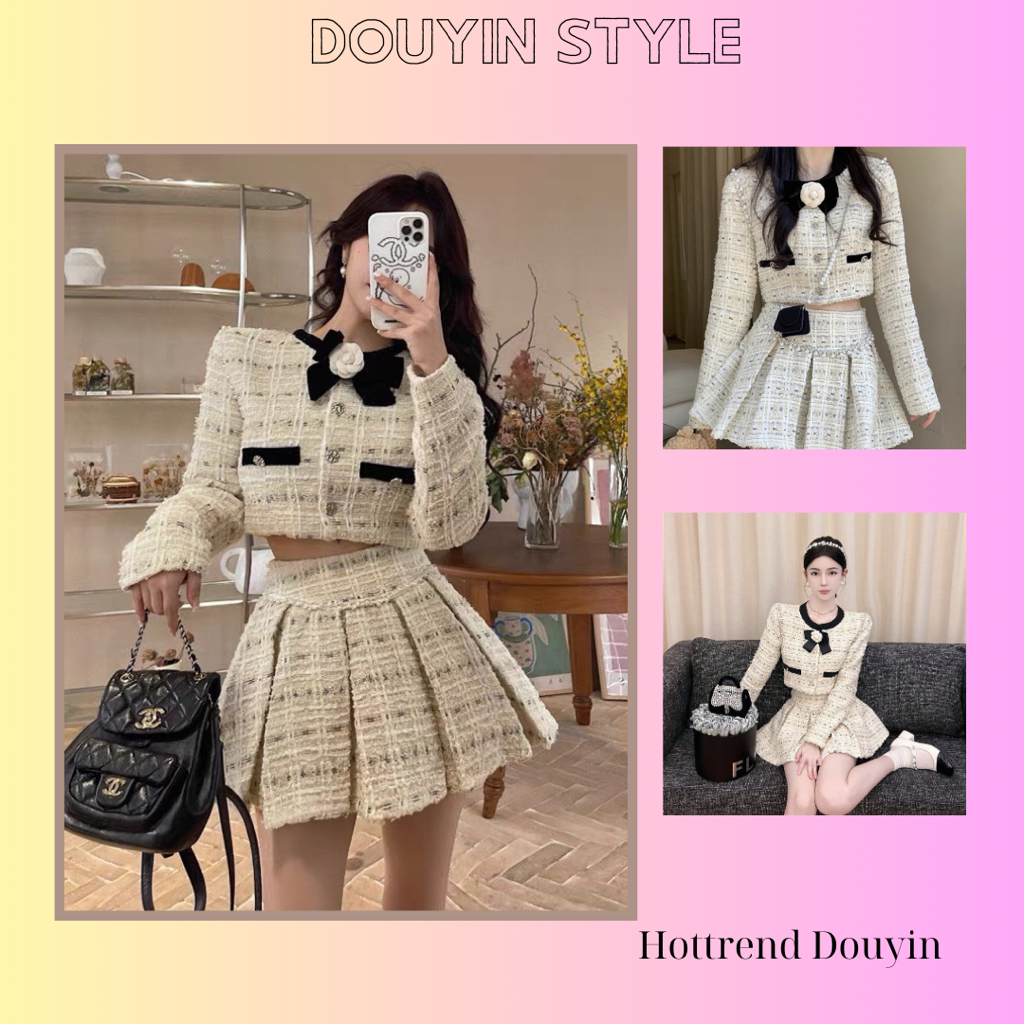 Set Đầm Tweed Tay Dài Thanh Lịch, Áo Kèm Chân Váy Xếp Ly Phong Cách Tiểu Thư Hàn Quốc