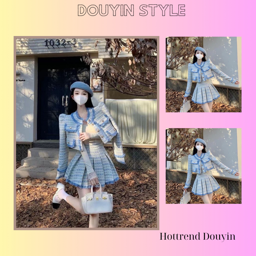 Set Đầm Tweed Tay Dài Thanh Lịch, Áo Kèm Chân Váy Xếp Ly Phong Cách Tiểu Thư Hàn Quốc