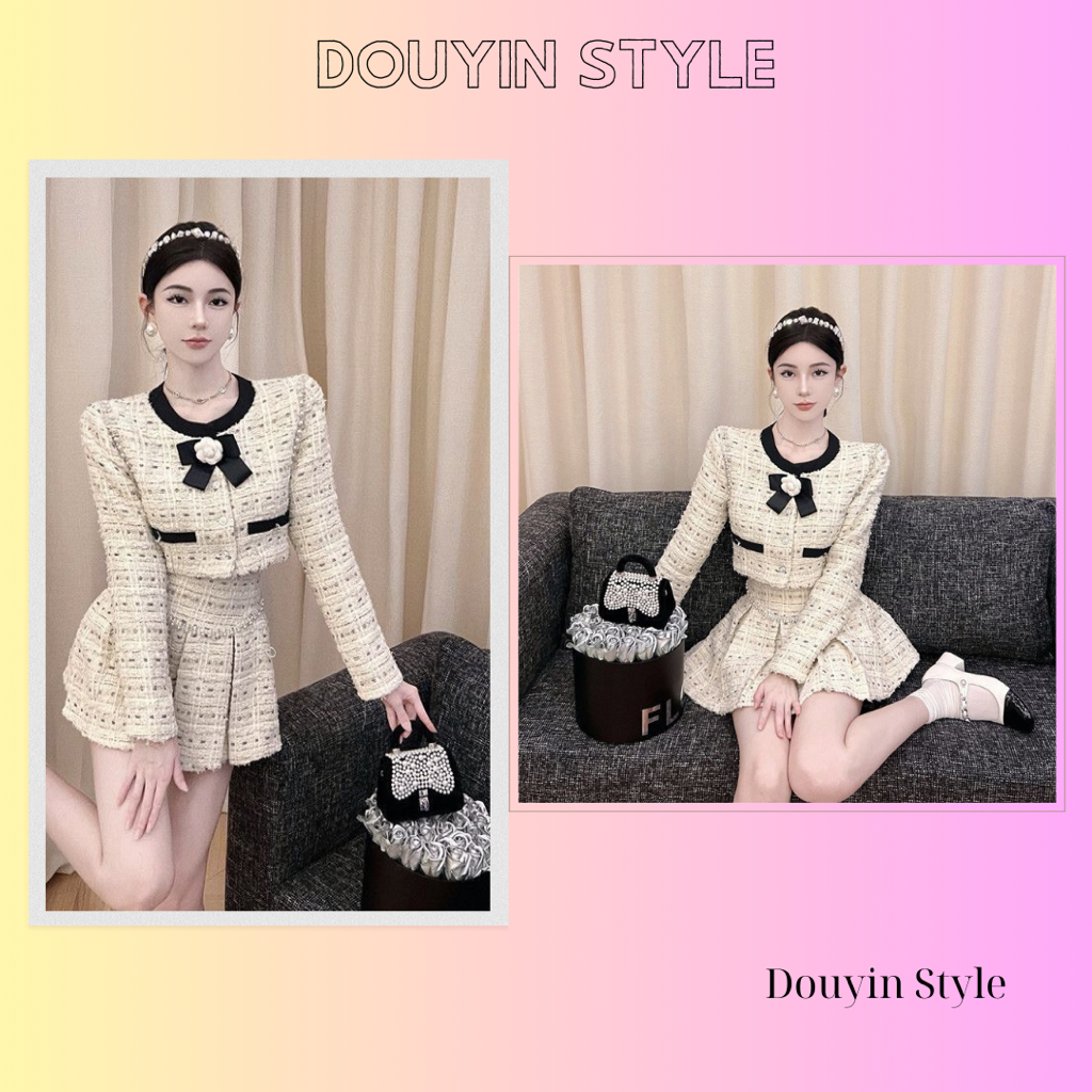 Set Đầm Tweed Tay Dài Thanh Lịch, Áo Kèm Chân Váy Xếp Ly Phong Cách Tiểu Thư Hàn Quốc