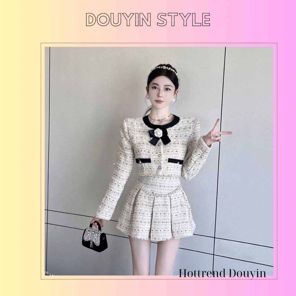 Set Đầm Tweed Tay Dài Thanh Lịch, Áo Kèm Chân Váy Xếp Ly Phong Cách Tiểu Thư Hàn Quốc