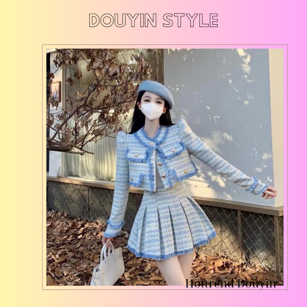 Set Đầm Tweed Tay Dài Thanh Lịch, Áo Kèm Chân Váy Xếp Ly Phong Cách Tiểu Thư Hàn Quốc