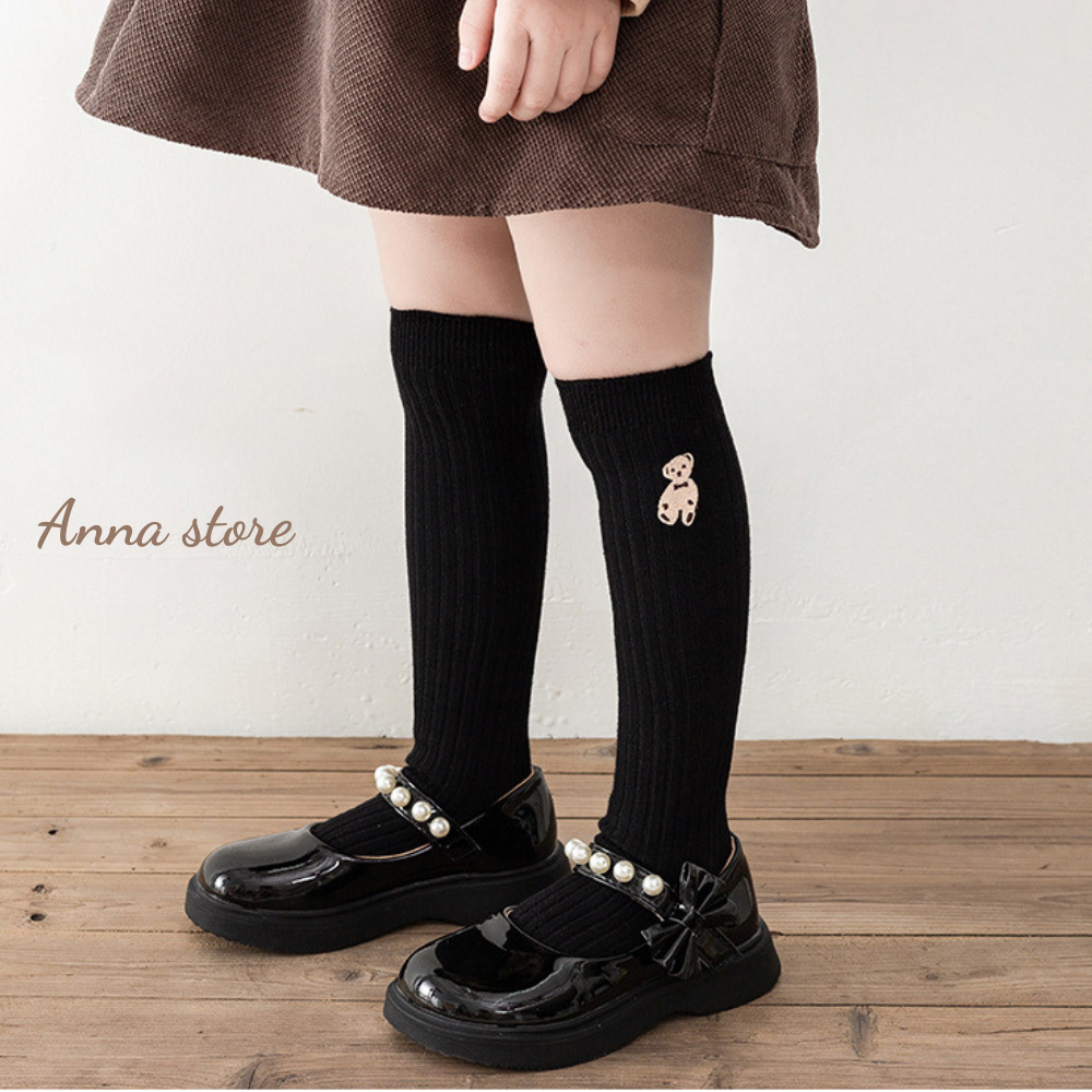 Vớ Cổ Cao Bé Gái Thêu Gau Phong Cách Hàn Quốc Sành Điệu , màu đen nâu xám