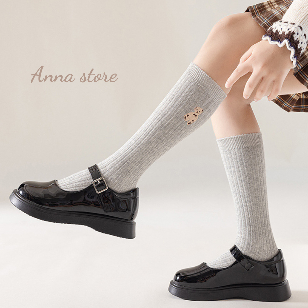 Vớ Cổ Cao Bé Gái Thêu Gau Phong Cách Hàn Quốc Sành Điệu , màu đen nâu xám