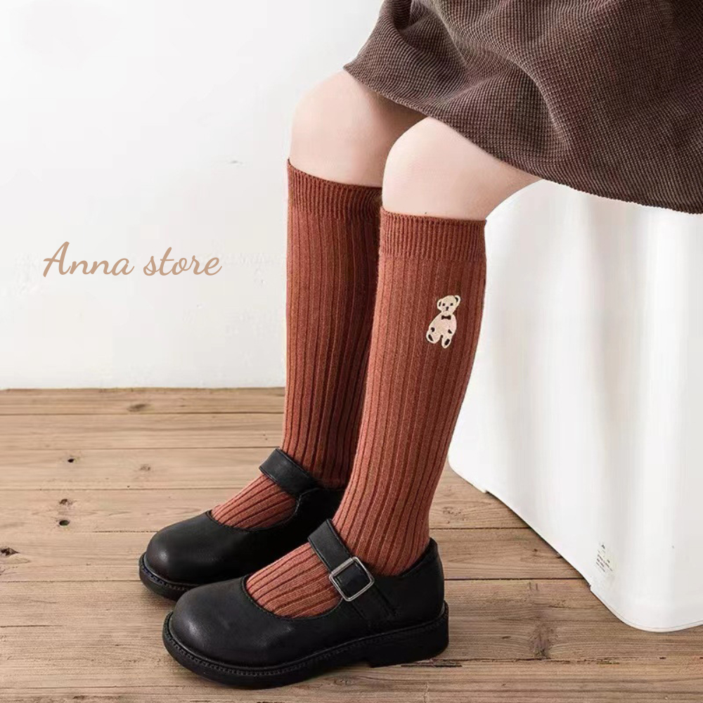 Vớ Cổ Cao Bé Gái Thêu Gau Phong Cách Hàn Quốc Sành Điệu , màu đen nâu xám