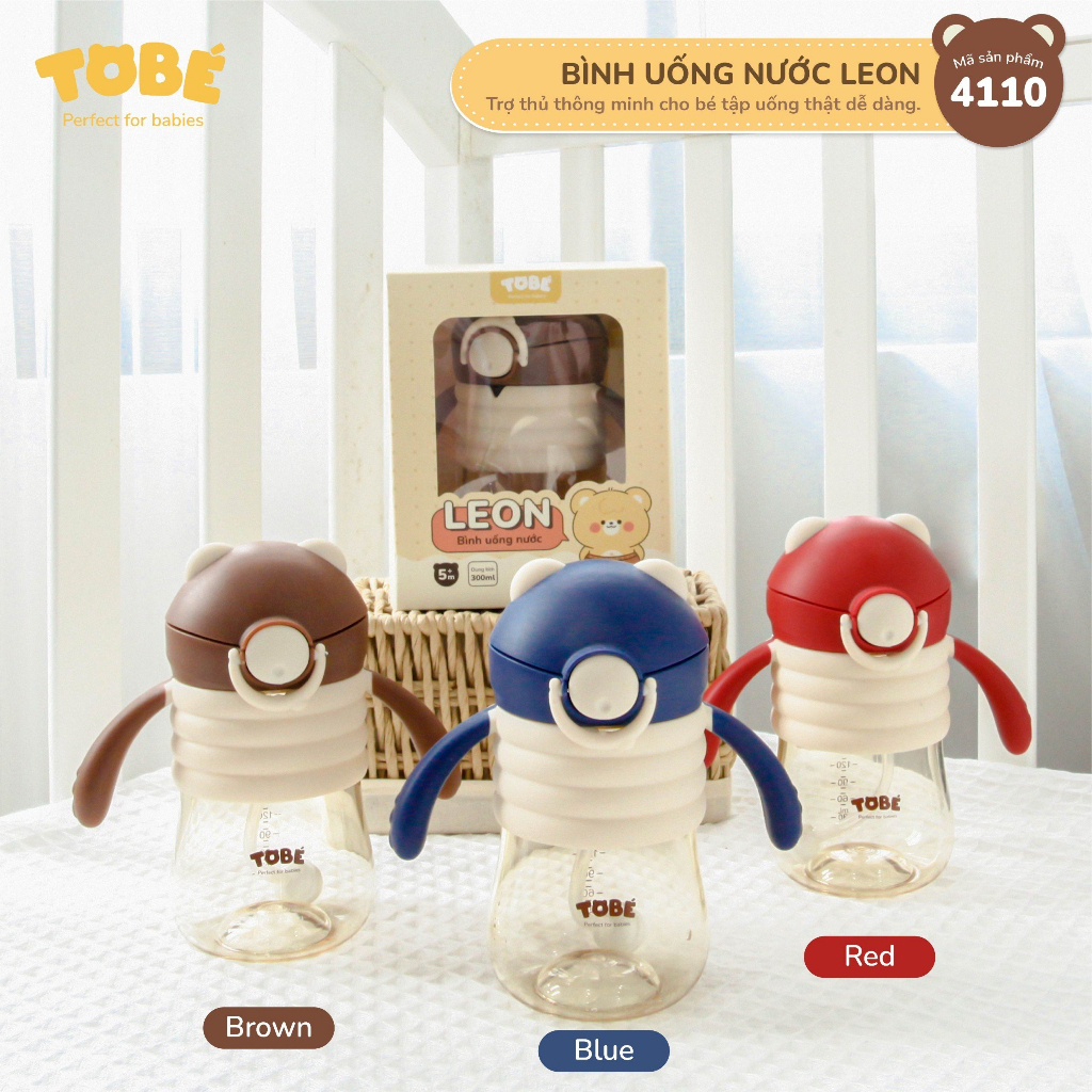 TOBE Bình Uống Nước LEON 300 ml Chất Liệu PPSU Có Nắp Ống Hút Van Chống Sặc Hút Nhiều Điểm An Toàn Nhỏ Gọn