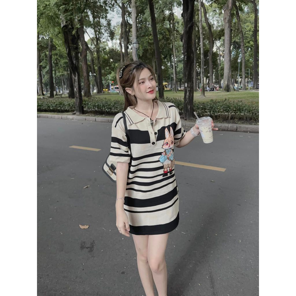 Áo Len Cổ Polo Thêu Hình Thỏ Ké Sọc Ngang Áo Polo Len Freesize Bigsize Quỳnh Anh Từ 50kg Đến 100kg M/L/XL/XXL