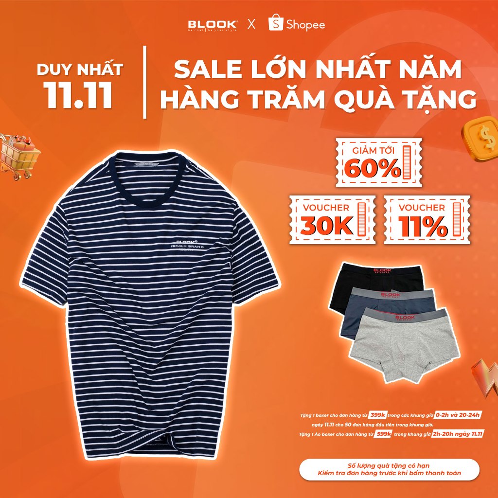 Áo thun cổ tròn nam BLOOK vải cotton sọc thời trang co giãn tốt bển màu mã 44055