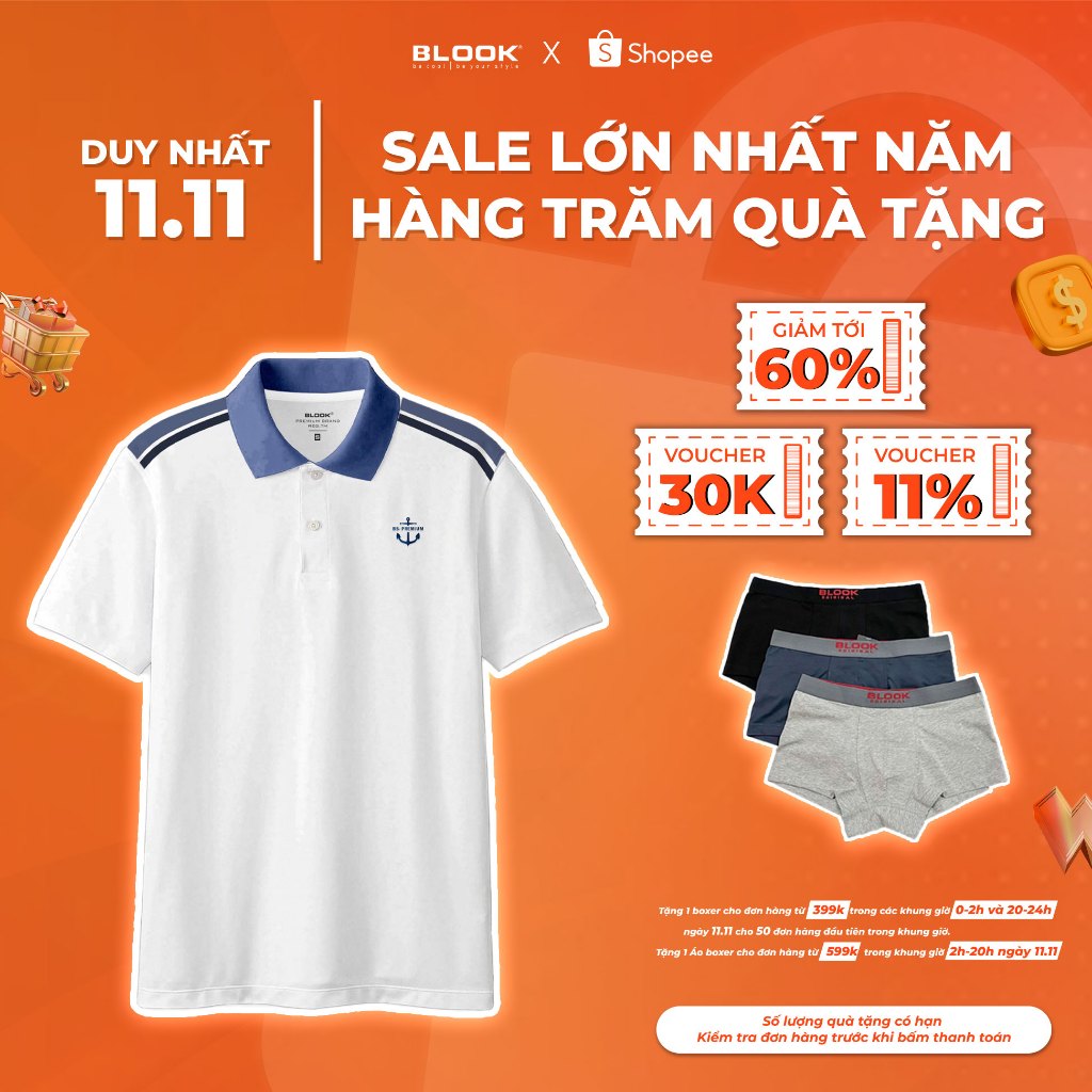 Áo polo nam slimfit BLOOK Vải thun cá sấu 3 màu cơ bản 35619