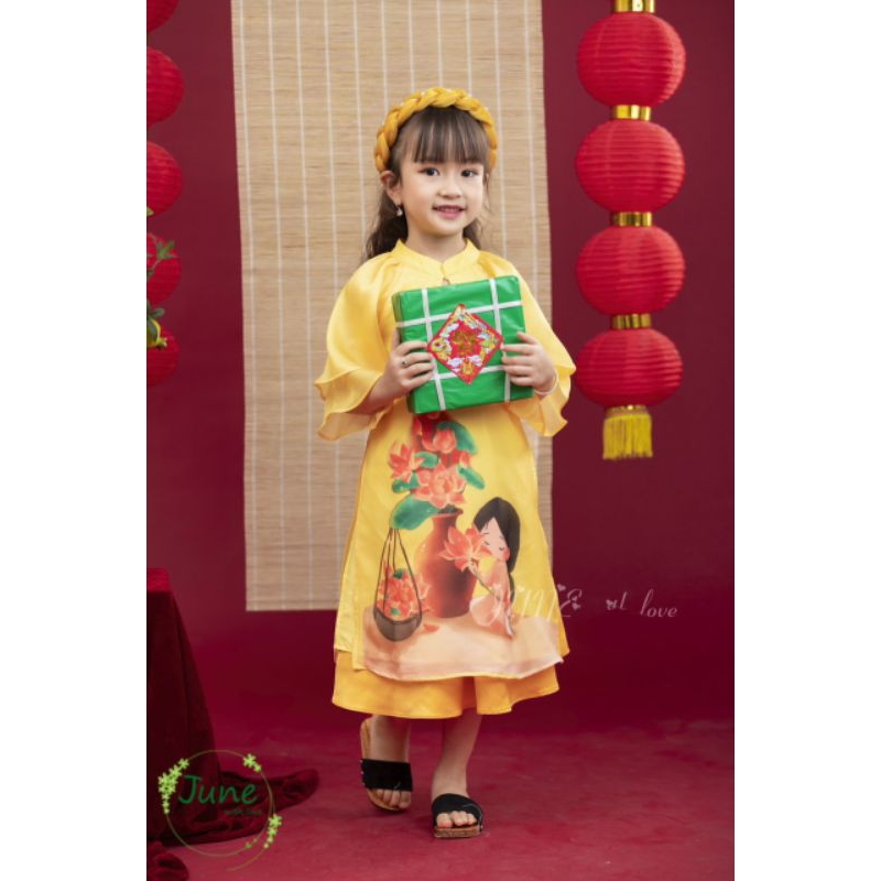 ÁO DÀI TẾT CÔ TẤM BÊN HOA SEN VOAN TƠ PHỐI LỤA MỀM BÉ GÁI HAIVANCO 10 đến 40 kg mềm mại và thoáng mát hoa văn độc đáo