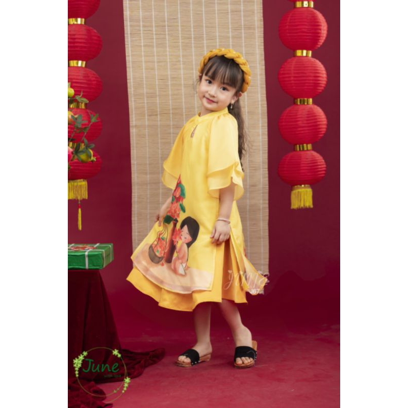 ÁO DÀI TẾT CÔ TẤM BÊN HOA SEN VOAN TƠ PHỐI LỤA MỀM BÉ GÁI HAIVANCO 10 đến 40 kg mềm mại và thoáng mát hoa văn độc đáo