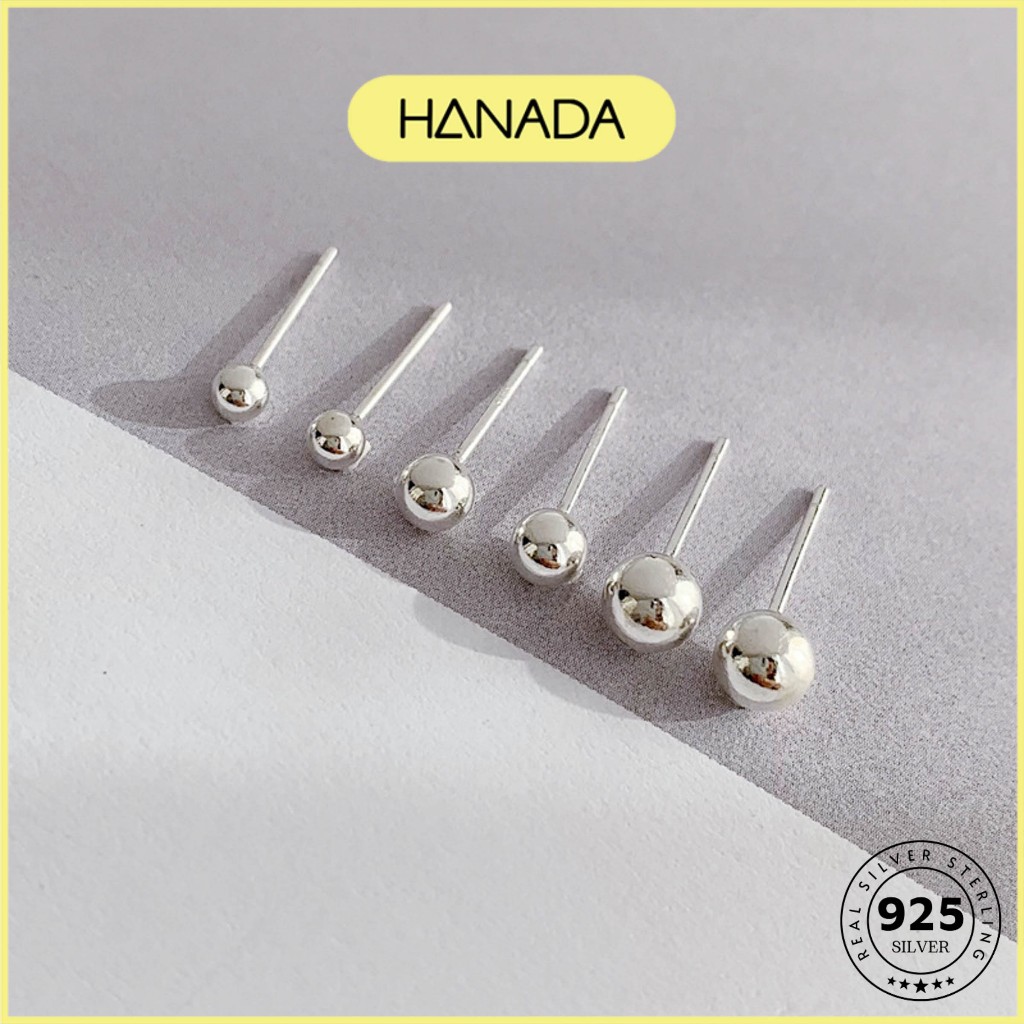 Bông Tai Bạc 925 HANADA Bi Tròn Trơn Đơn Giản Không Đá Nhiều Size Bi Trơn 0408