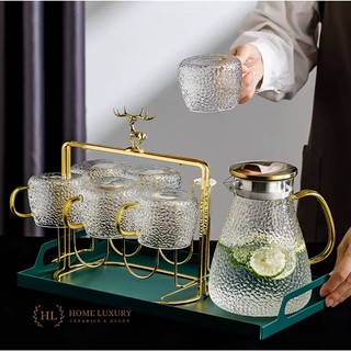 Bình thuỷ tinh chịu nhiệt sần quai vàng | Bộ bình cốc thủy tinh sần Borosilicate chịu nhiệt, chịu lực cao cấp 2L