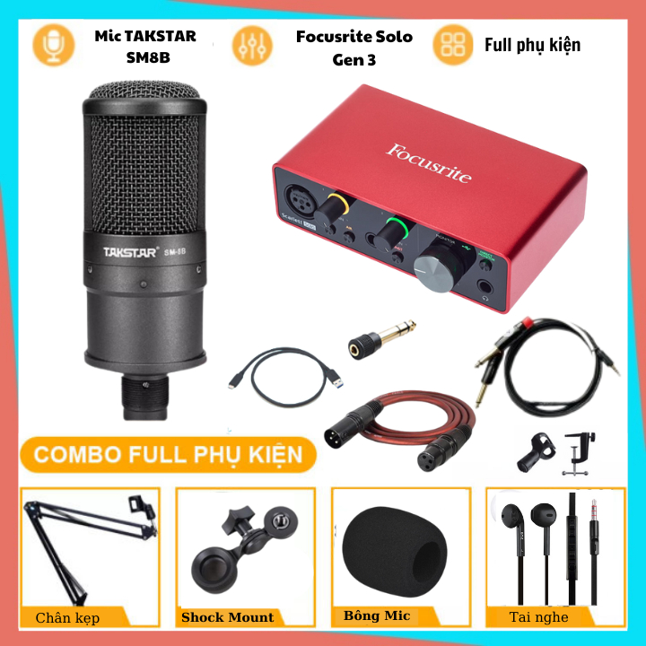 Mic Livestream | Micro thu âm Sound Card Focusrite Solo Gen 3 & Mic TAKSTAR SM8B Hát Livestream Chuyên Nghiệp