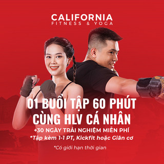  E-voucher tập gym California Fitness - 30 ngày và 01 buổi tập 1-1 PT, Kickfit, Giãn cơ