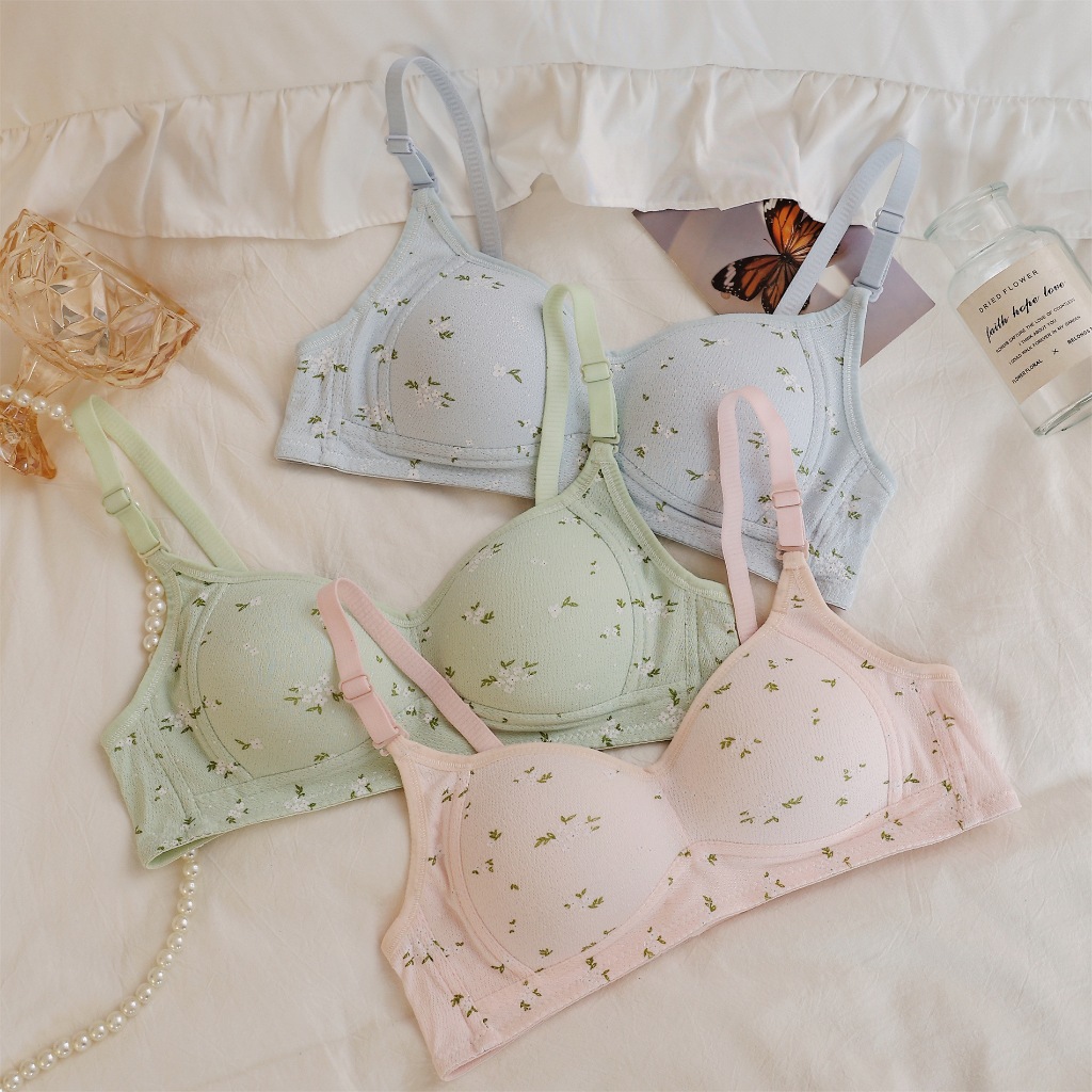 Áo ngực không gọng mút mỏng họa tiết hoa nhí dễ thương - Áo lót nữ cotton đũi 2 dây thoáng mát, 3 nấc cài SAVILL  A343