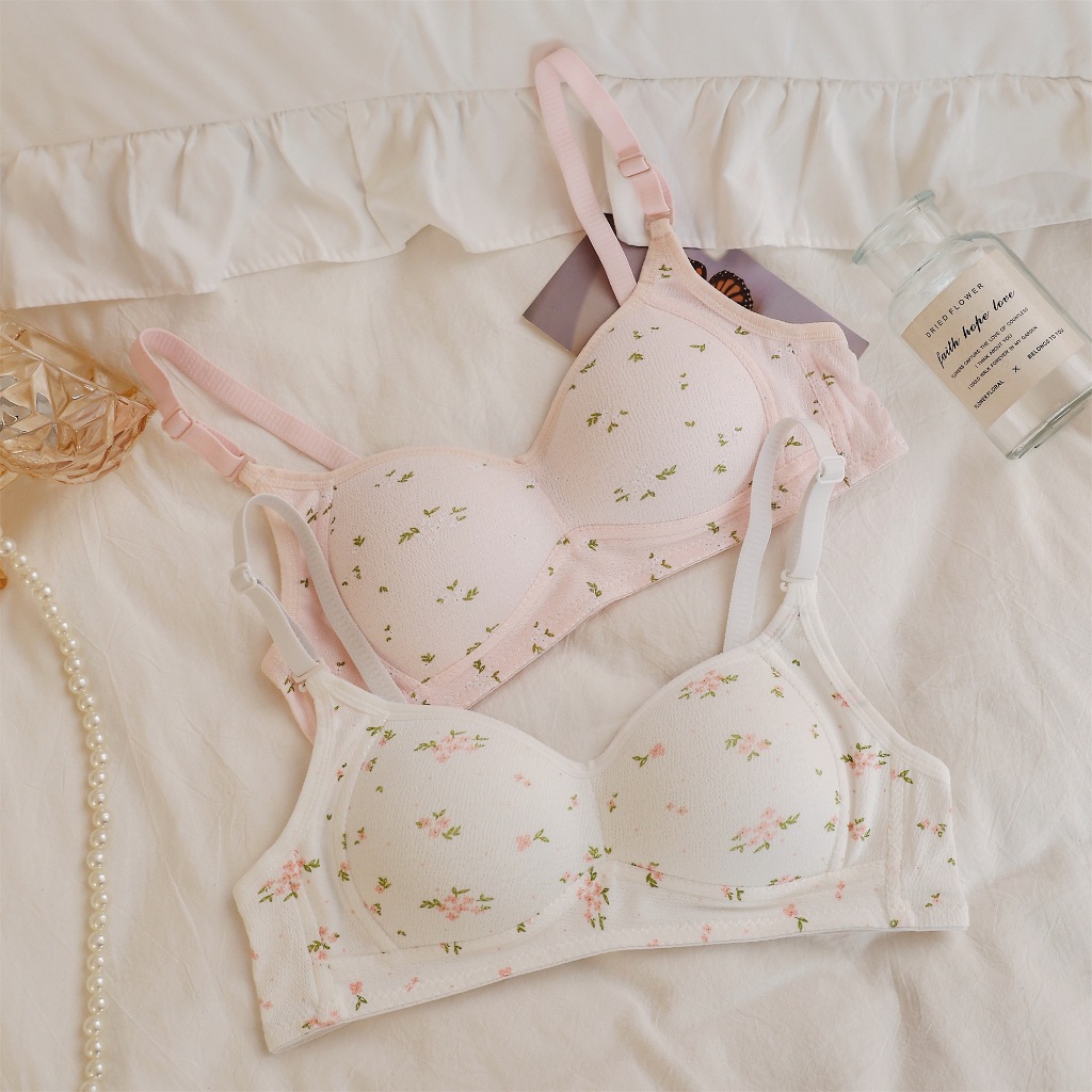Áo ngực không gọng mút mỏng họa tiết hoa nhí dễ thương - Áo lót nữ cotton đũi 2 dây thoáng mát, 3 nấc cài SAVILL  A343