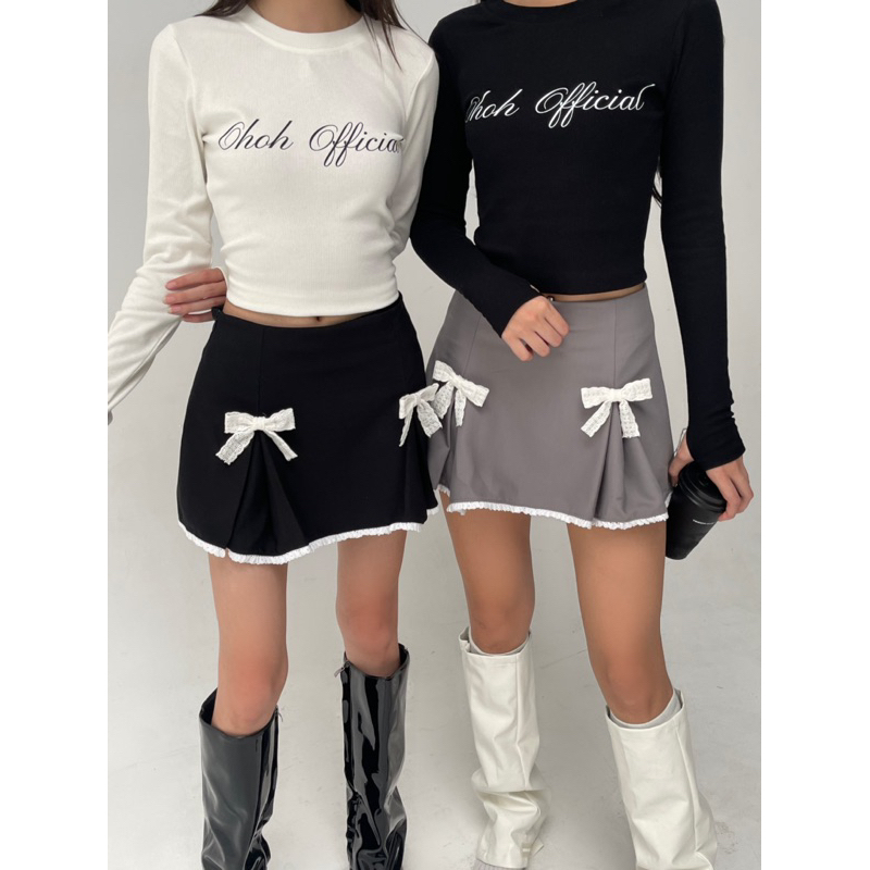 Chân váy đính nơ viền ren OHOH