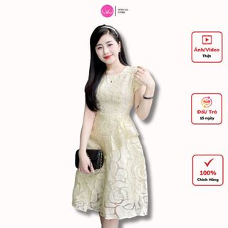 Váy hoa hồng xòe ren tơ vạt chéo cổ tròn Evalover