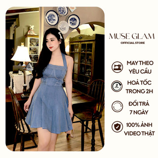 Váy Jean, Đầm Cổ Yếm Dáng Xòe MUSE GLAM Hàng Thiết Kế Nhiều Màu Cao Cấp MGD37