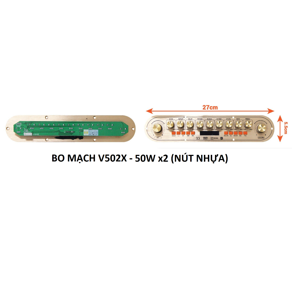 Bo mạch loa xách tay có Reverb Echo V502x50W, 2 kênh riêng biệt