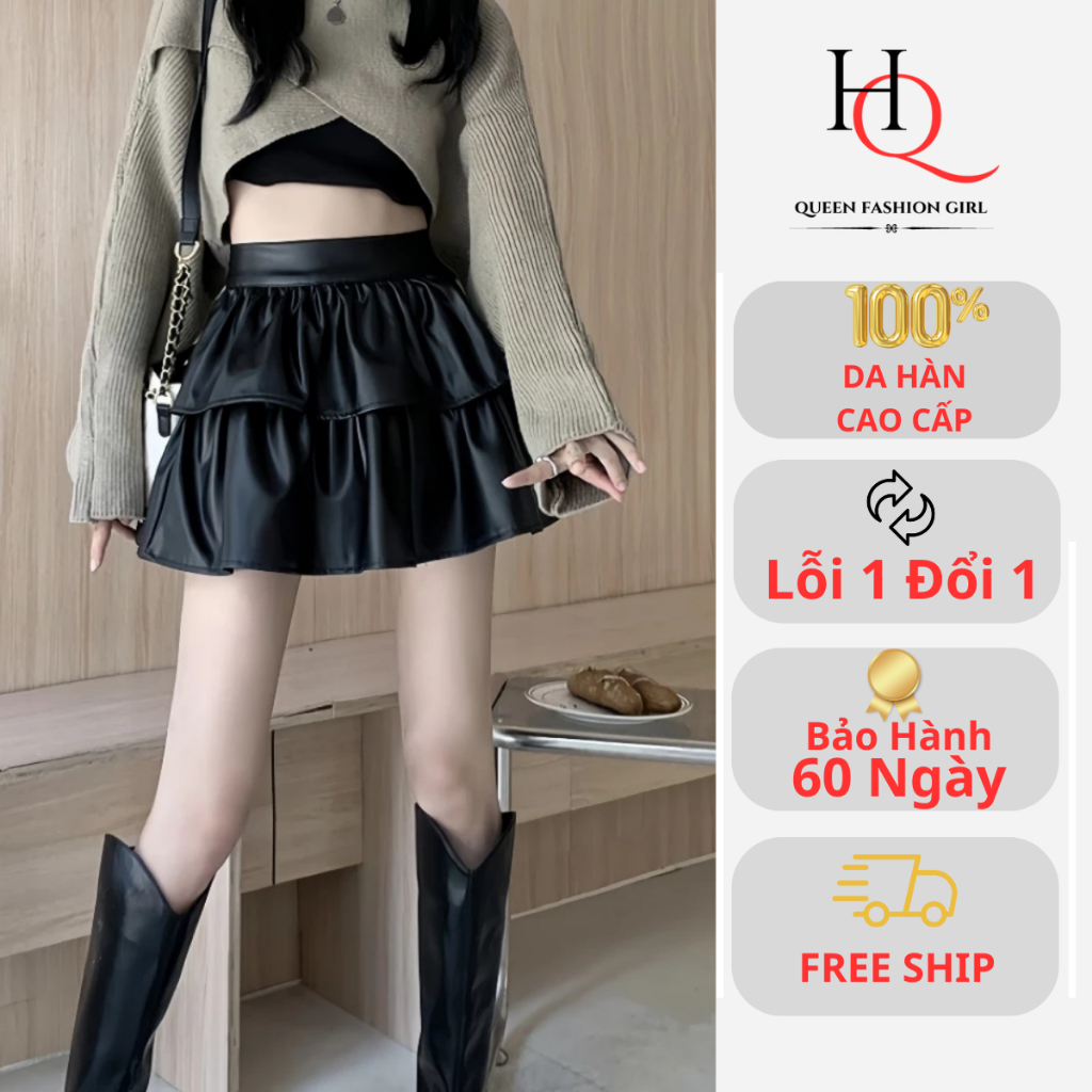 Chân váy da xòe 2 tầng đẹp xếp ly, chân váy da dáng ngắn chữ a đi chơi chất DA cao cấp phong cách hàn quốc- 444HQ