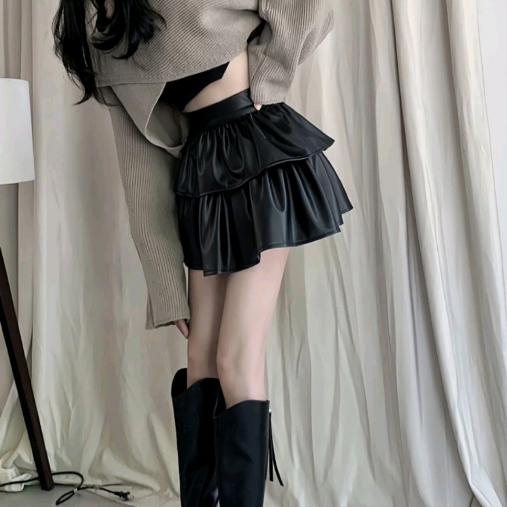 Chân váy da xòe 2 tầng đẹp xếp ly, chân váy da dáng ngắn chữ a đi chơi chất DA cao cấp phong cách hàn quốc- 444HQ