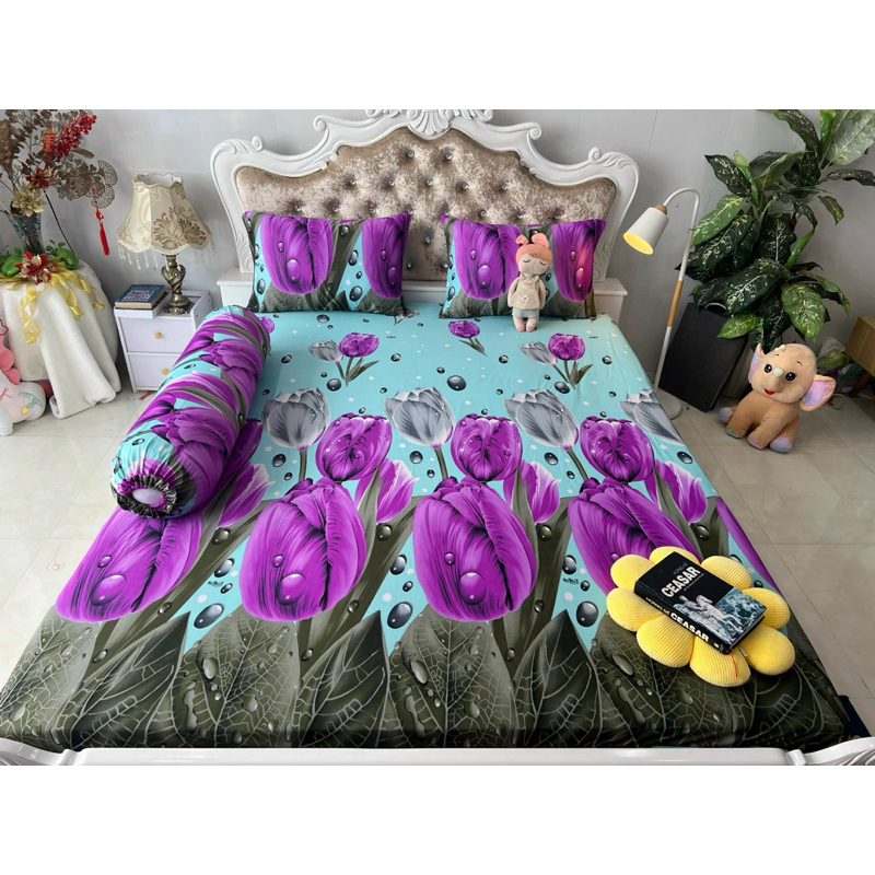 Bộ drap thun hàn quốc 4 món mát mịn, mẫu hoa tulip siêu đẹp