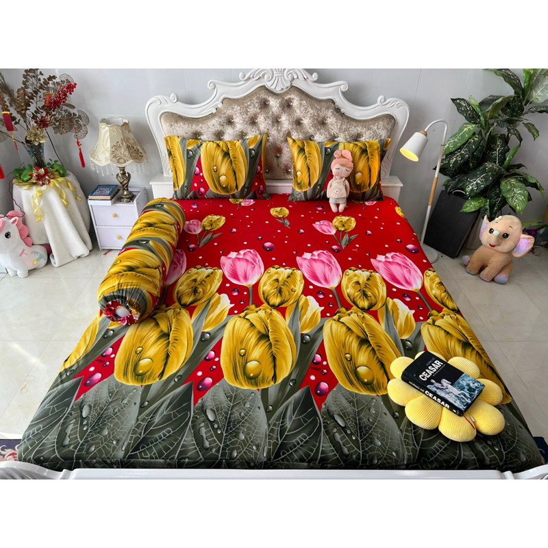 Bộ drap thun hàn quốc 4 món mát mịn, mẫu hoa tulip siêu đẹp