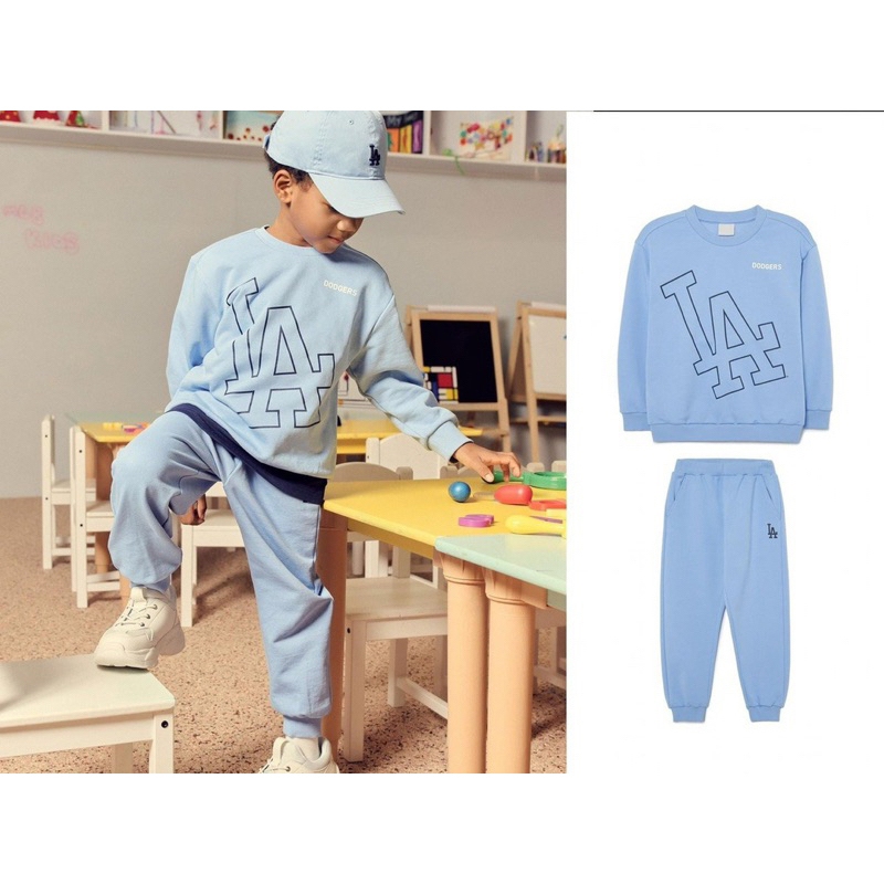 Bộ nỉ da cá in logo LA M.lb cho bé trai màu xanh size từ 12-35 cân