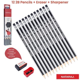 Bút chì đen 2b nataraj 1 hộp 12 cây + tăng kèm gôm và chuốt chì